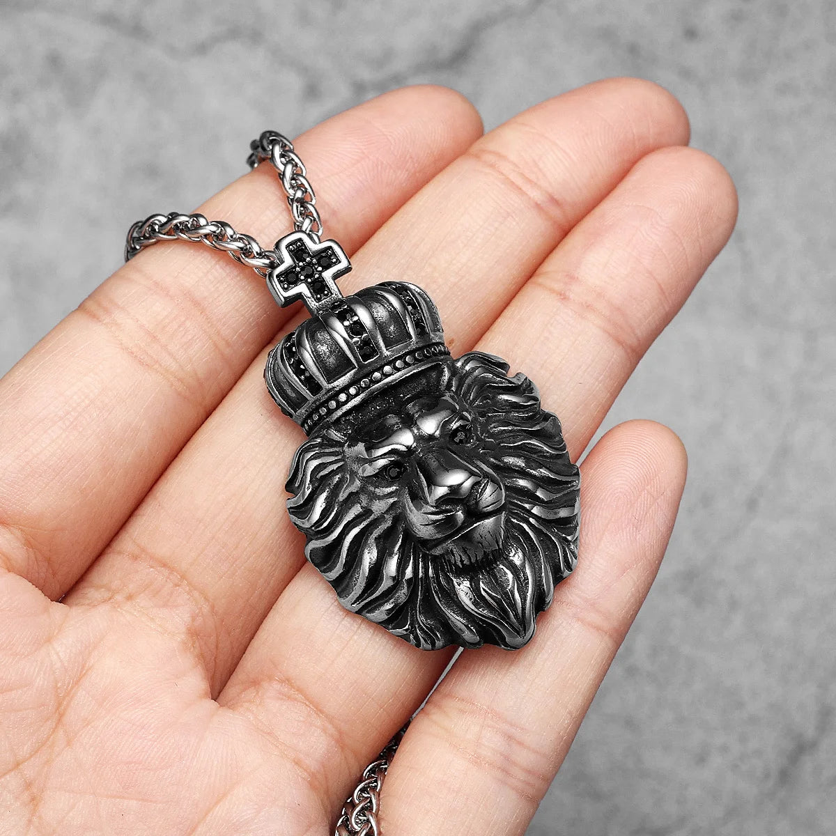 Crown Lion Head Pendant Necklace — Box Chain, Stainless Steel