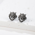 Crown Lion Head Stud Earrings — Hollow Cutout, Stainless Steel