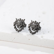 Crown Lion Head Stud Earrings — Hollow Cutout, Stainless Steel