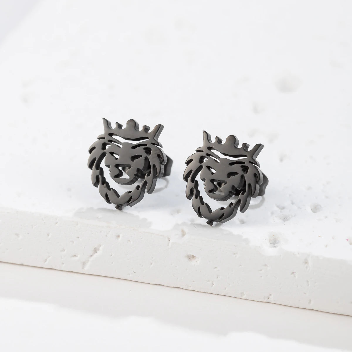 Crown Lion Head Stud Earrings — Hollow Cutout, Stainless Steel