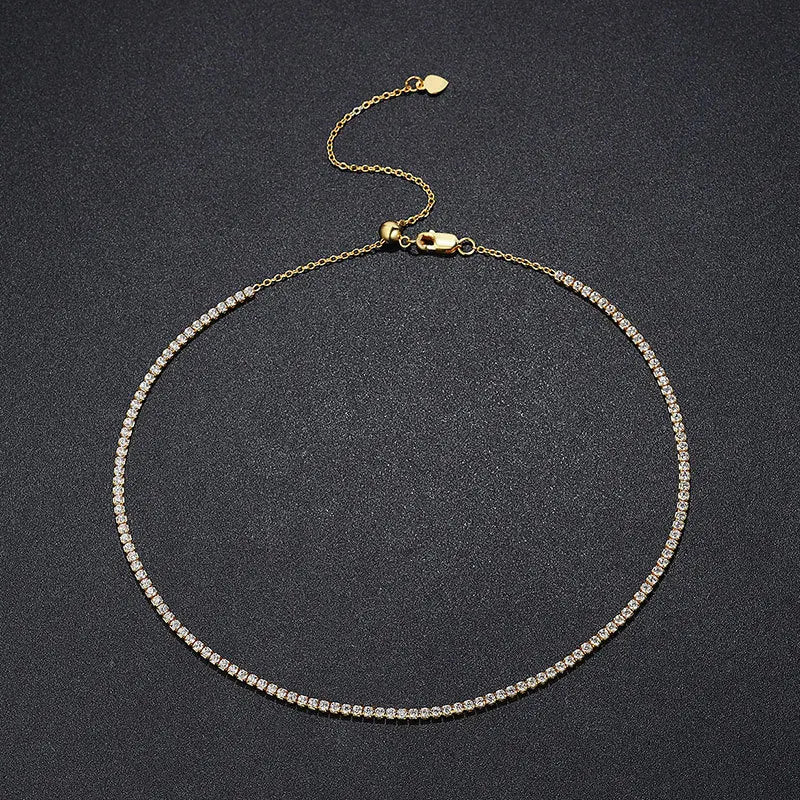 FEOBUR 2mm Moissanite Tennis Necklaces for Women S925 Silver Plated 18K Gold Adjustable Choker Full Diamond Neck Chain
