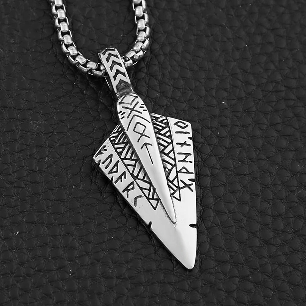 Viking Rune Arrowhead Pendant Necklace — Steel
