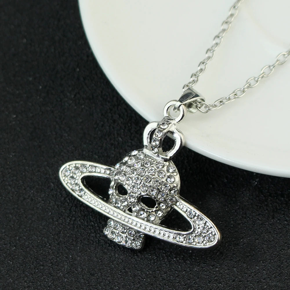 Fashion Rhinestone Skull Cross Saturn Couples Chain Silver Color Metal Necklace Punk Women Men Party Jewelry Gifts