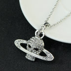 Fashion Rhinestone Skull Cross Saturn Couples Chain Silver Color Metal Necklace Punk Women Men Party Jewelry Gifts