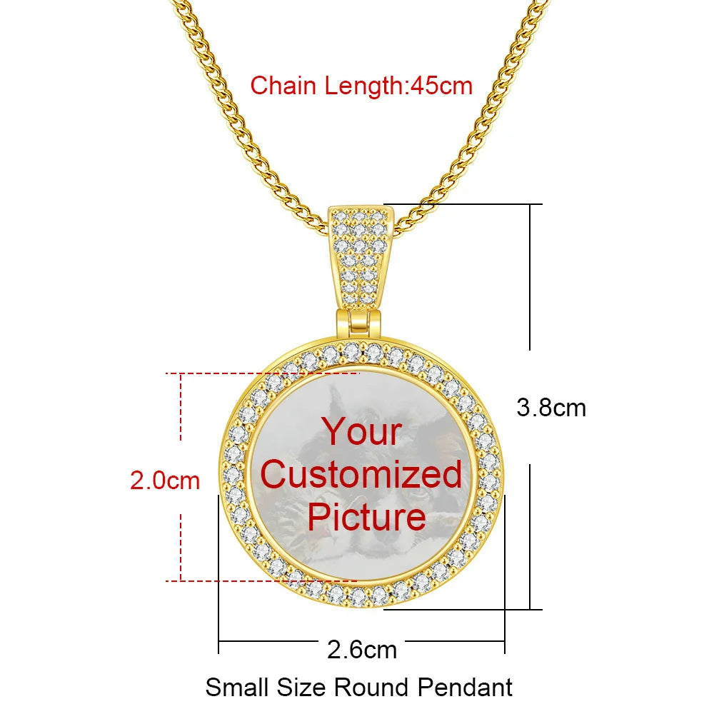 Large Round Photo Customized Pendant Necklace For Women Men Full Zirconia Neck Chain Hiphop Jewelry Memory Couple