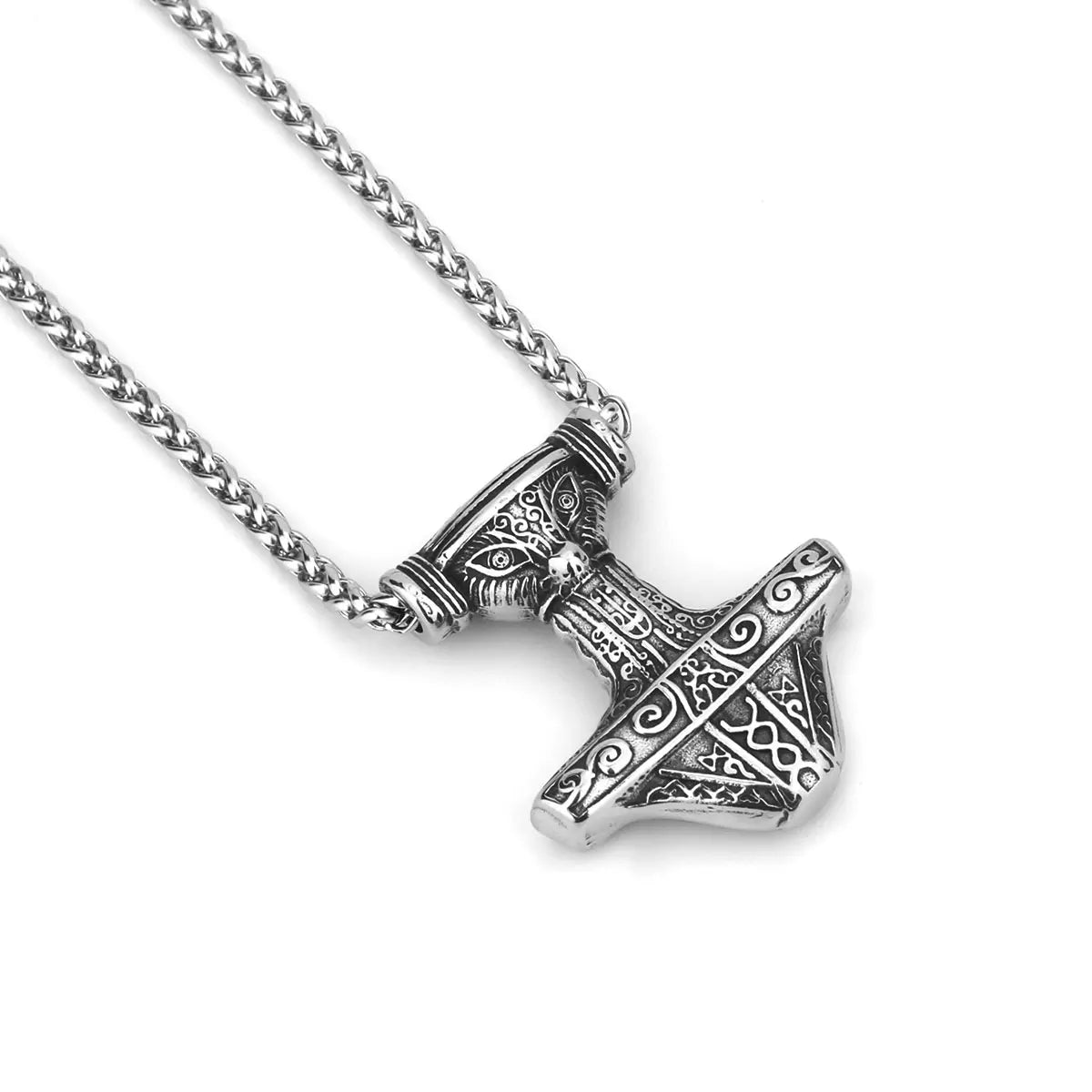 316L Stainless Steel Vintage Viking Thor Mjolnir Wolf Eye Necklace Men Biker Street Amulet Pendant Necklace Jewelry