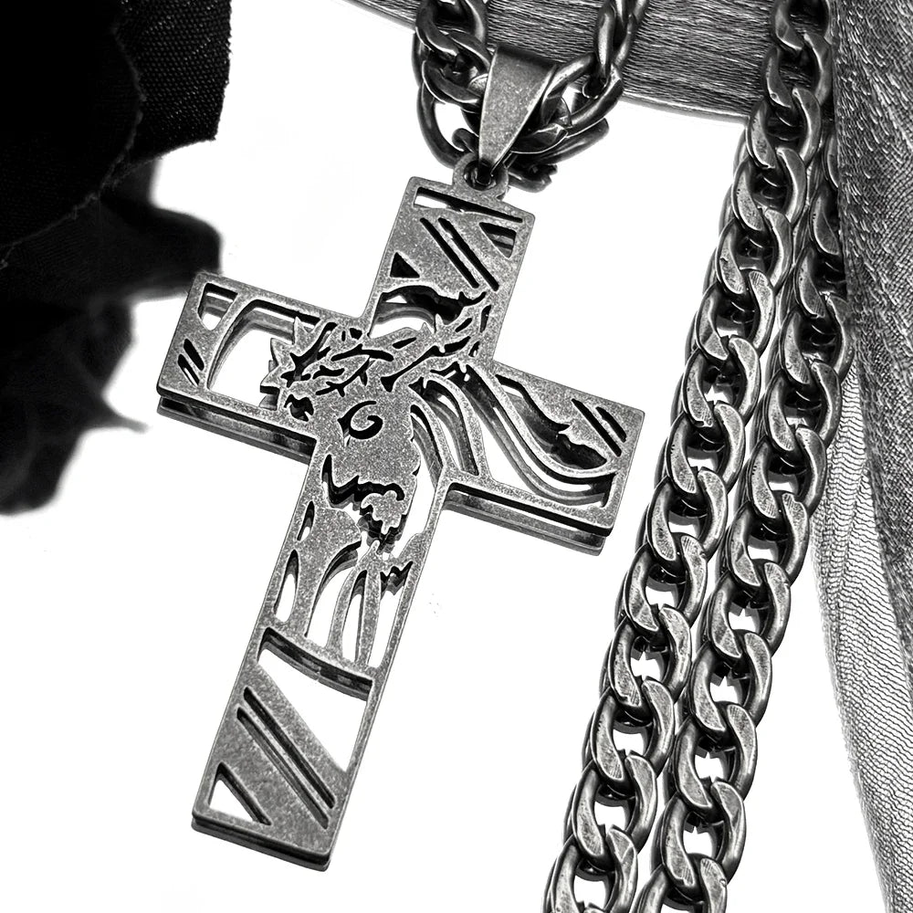 Hip Hop Punk Crown of Thorns Jesus Cross Necklace for Men Stainless Steel Gold Plated Crucifix Pendant Necklaces Jewelry N8052