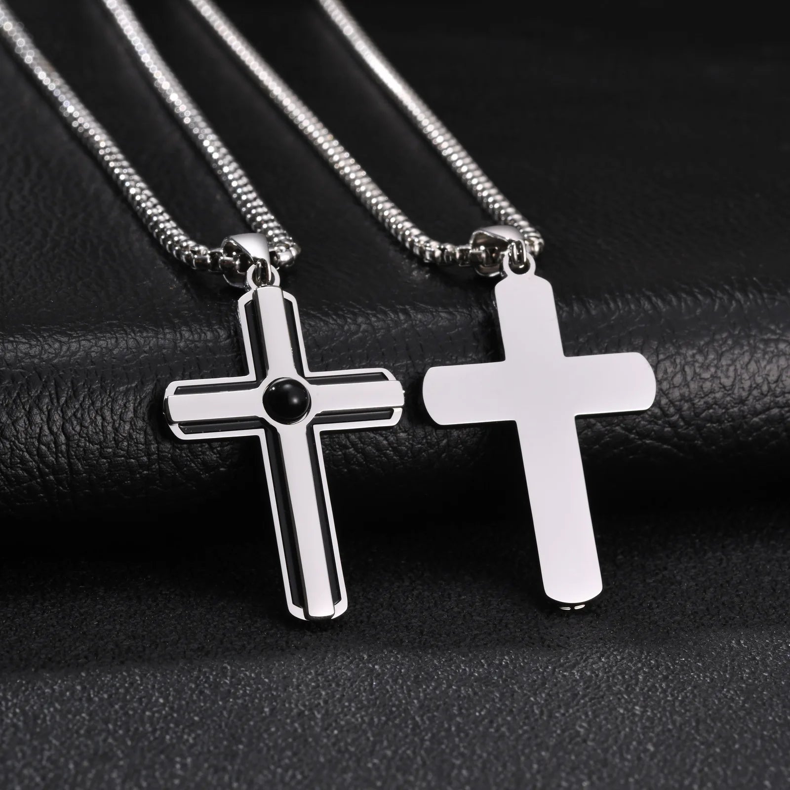 Vnox Men Cross Necklace, Stainless Steel Black Onyx Enamel Cross Pendant, 60cm Box Chain Religious Faith Jewelry Gift