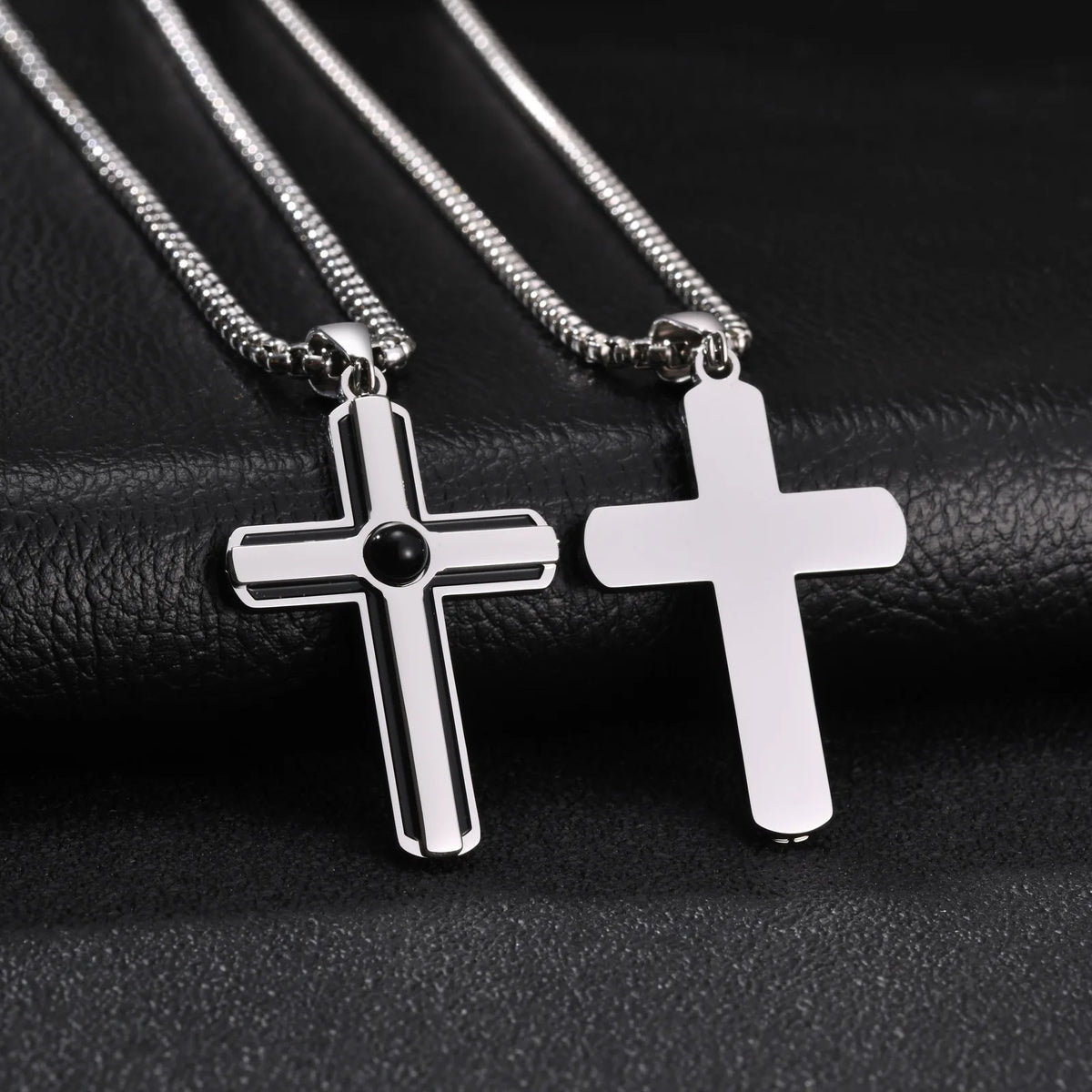 Men Cross Necklace, Stainless Steel Black Onyx Enamel Cross Pendant, 60cm Box Chain Religious Faith Jewelry Gift for Him