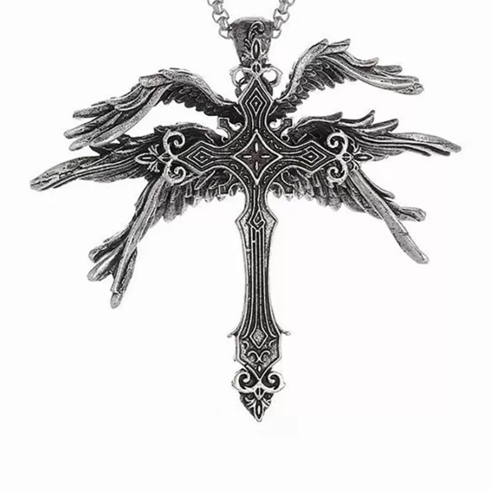Retro Gothic Jesus Wings Cross Pendant Necklace Jewelry for Men Women Large Vintage Dark Punk Religious Amulet