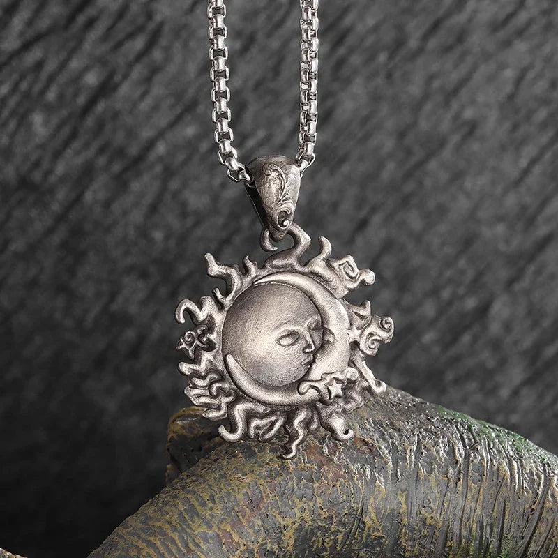 Sun Hugging Moon Round Pendant — Stainless Steel
