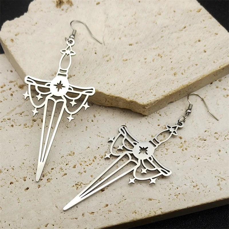 Cross Jesus Silver Earrings Goth Sword Star Hoop