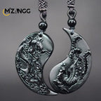 Natural Obsidian Dragon and Phoenix Pendant Personalized Couple Heart-shaped Pendant Men and Women Holiday Gift Necklace