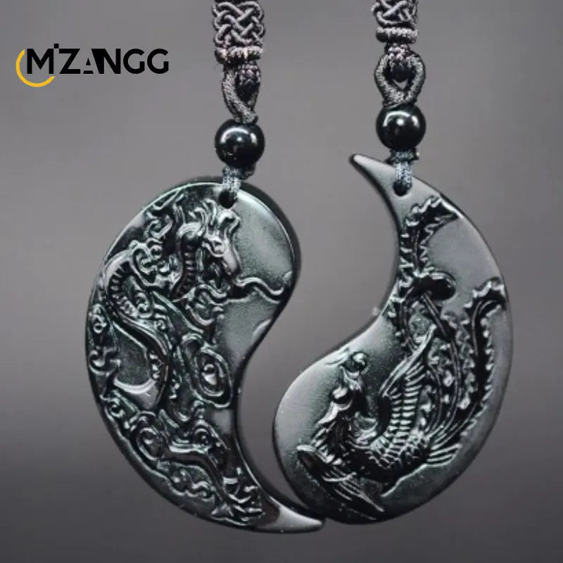 Natural Obsidian Dragon and Phoenix Pendant Personalized Couple Heart-shaped Pendant Men and Women Holiday Gift Necklace
