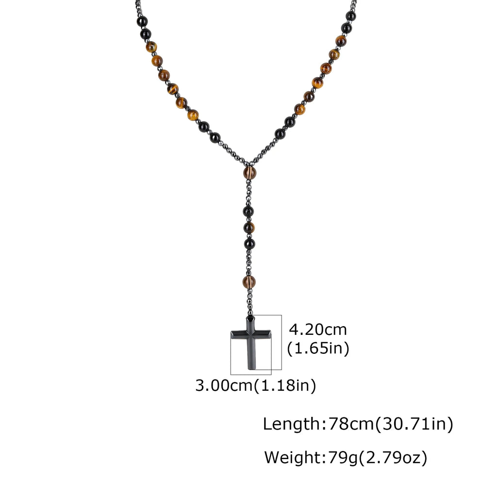 Natural Beaded Rosary Y Necklace for Men,Hematite Cross Pendant with Black Lava Tiger Eye Stone,Religious Prayer Jewelry