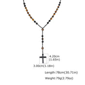 Natural Beaded Rosary Y Necklace for Men,Hematite Cross Pendant with Black Lava Tiger Eye Stone,Religious Prayer Jewelry