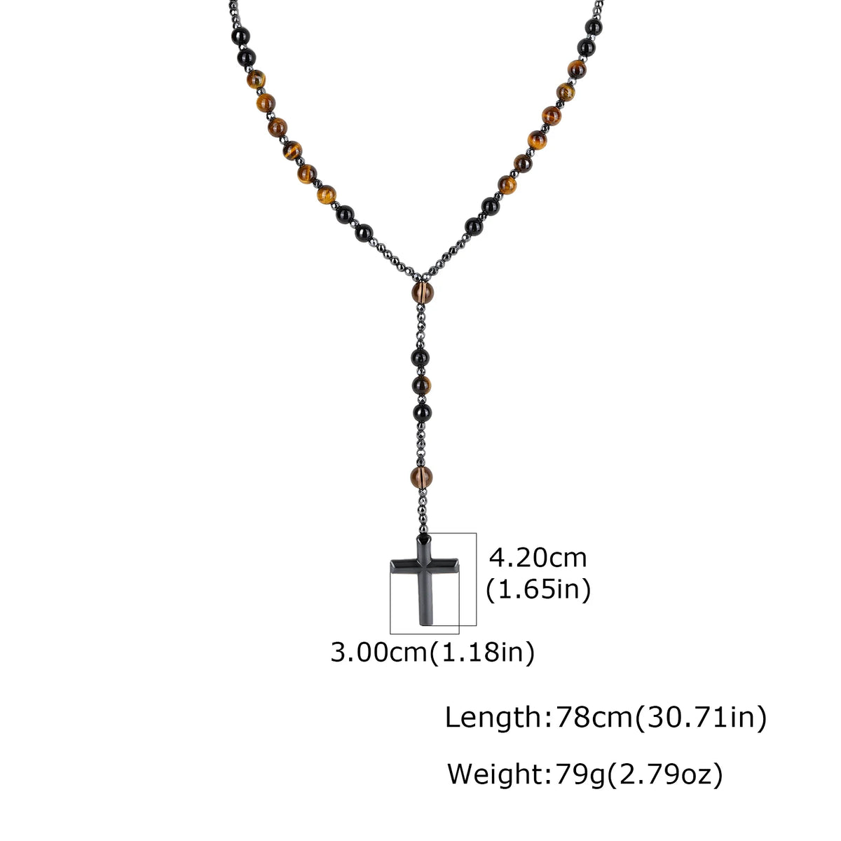 Natural Beaded Rosary Y Necklace for Men,Hematite Cross Pendant with Black Lava Tiger Eye Stone,Religious Prayer Jewelry