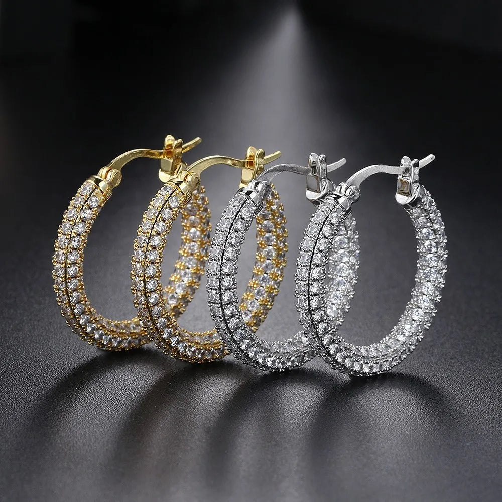 Two-Tone Iced Out Hoop Earrings CZ Silver Gold