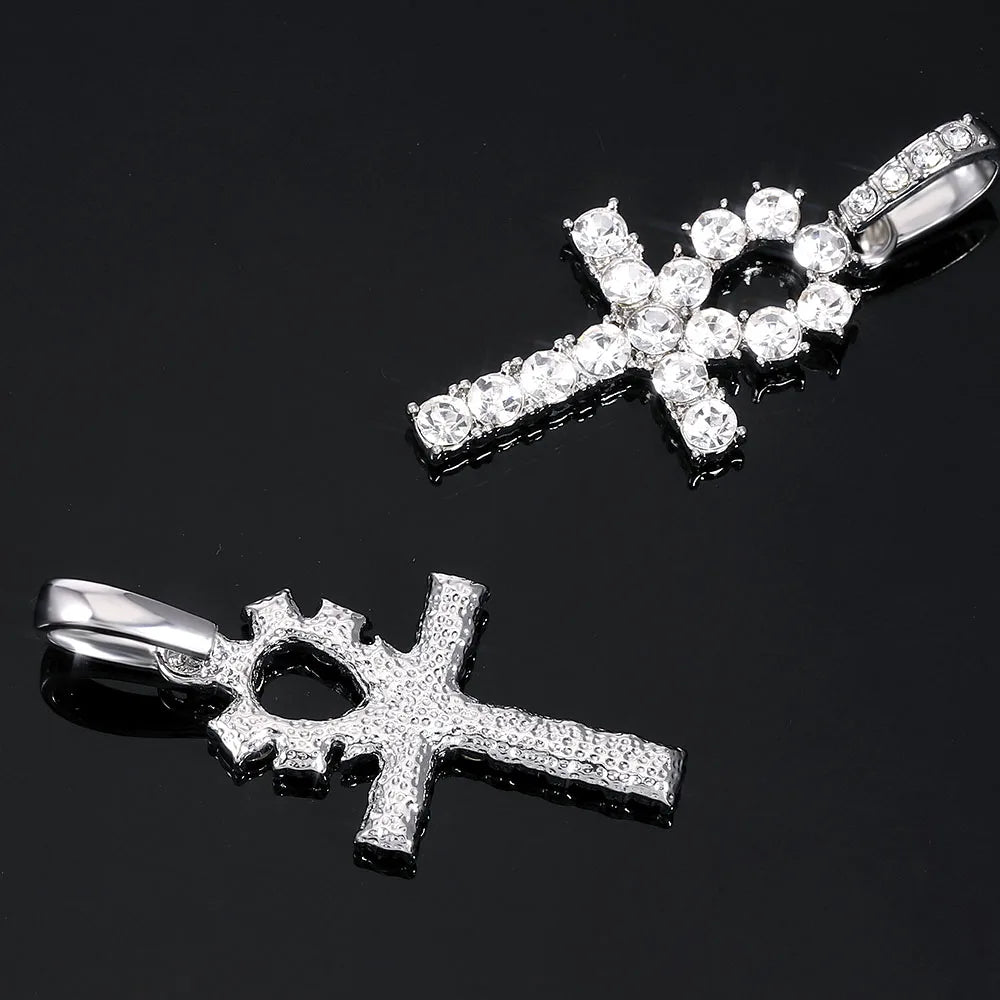 Iced Out Ankh Cross Pendant With 4mm Tennis Chain Necklace Good Luck Sparkling Hip Hop Creative Jewelry for Men Women Gift