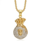 Hip Hop Moneybag Dollar Signs Iced Out Bling CZ Pendant Men Gold Silver Color Stainless Steel Wealth Necklace for Women Jewelry
