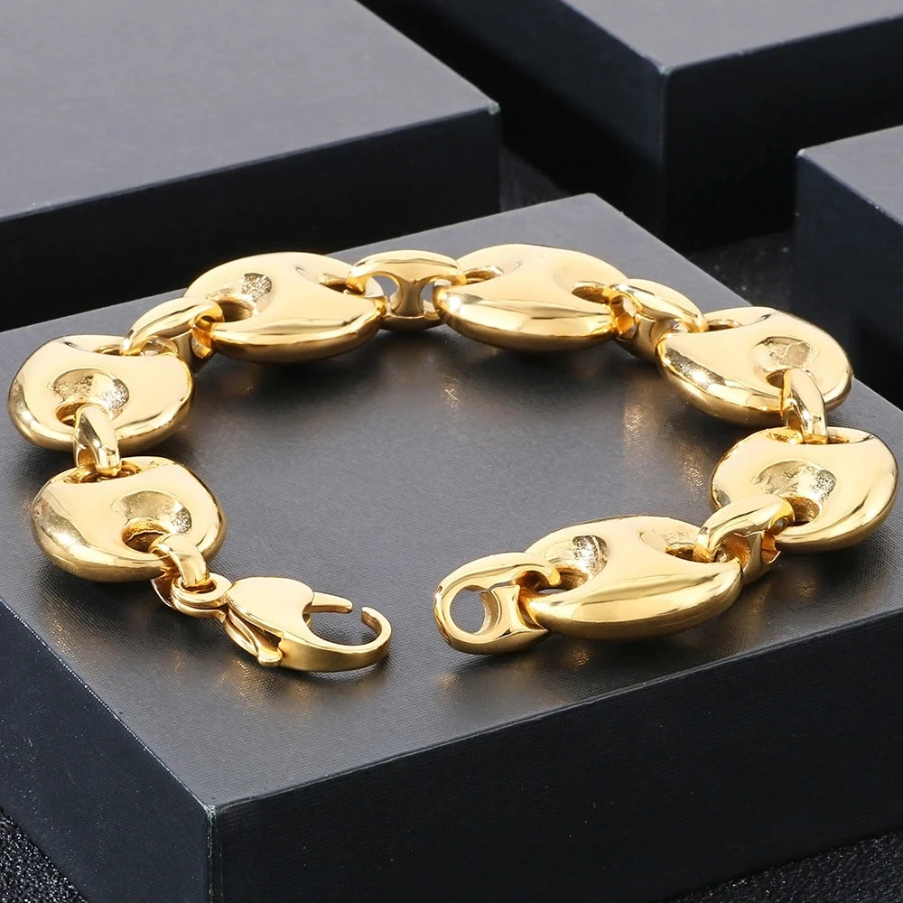 Luxury Gold Color Man Bracelets for Men 316L Stainless Steel 19MM Width Coffee Bean Style Chain Men's Bracelets