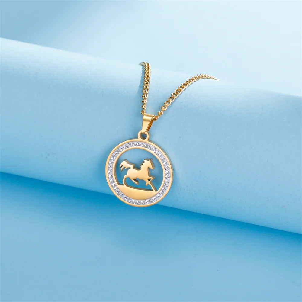 My Shape Running Horse Pendants Necklace Stainless Steel Rhinestone Pendant Necklaces Choker Chain Horse Lover Fashion Jewelry