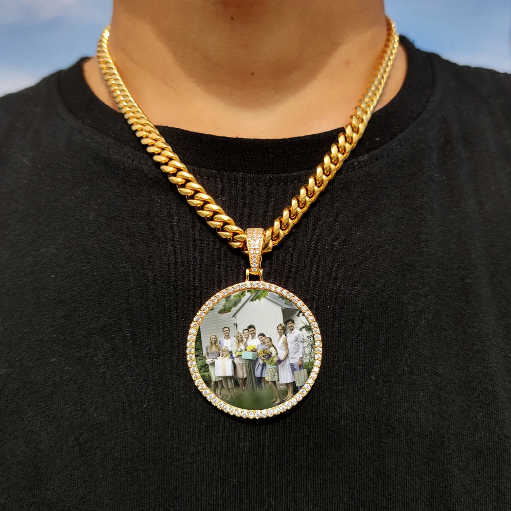 HHIOK Customized Necklaces Circle Chain Picture Personalized Diamond Memory Pendant with Photo Wing Design Gift for Men