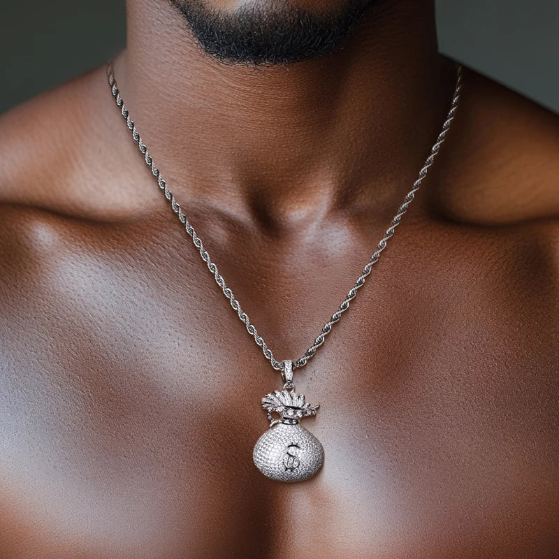 Iced Out Money Bag Pendant — 925 Silver