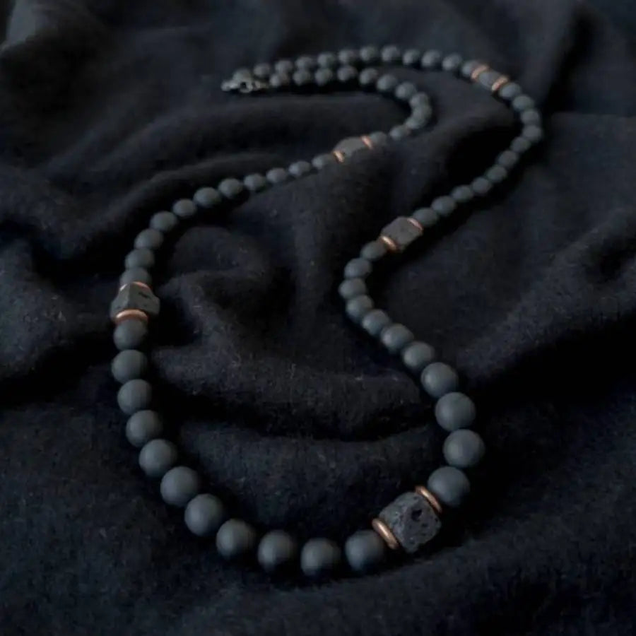 Black Onyx & Volcanic Stone Beaded Necklace for Men
