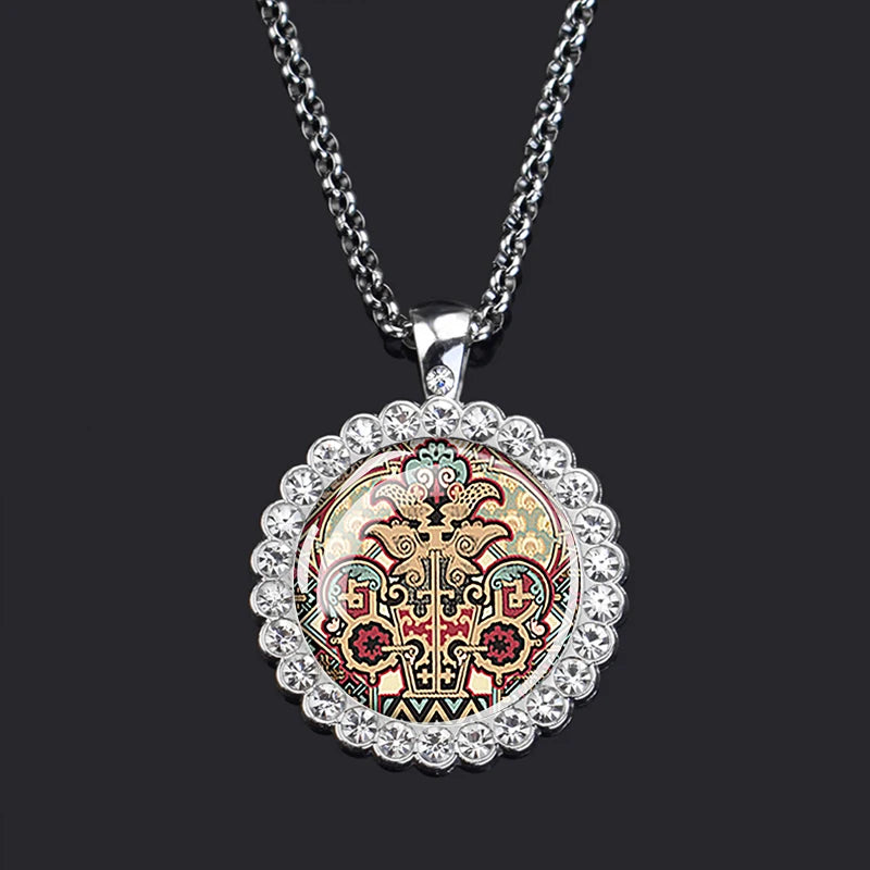 Aztec Calendar Pendant Necklace — Ancient Mexico Art, Rhinestone