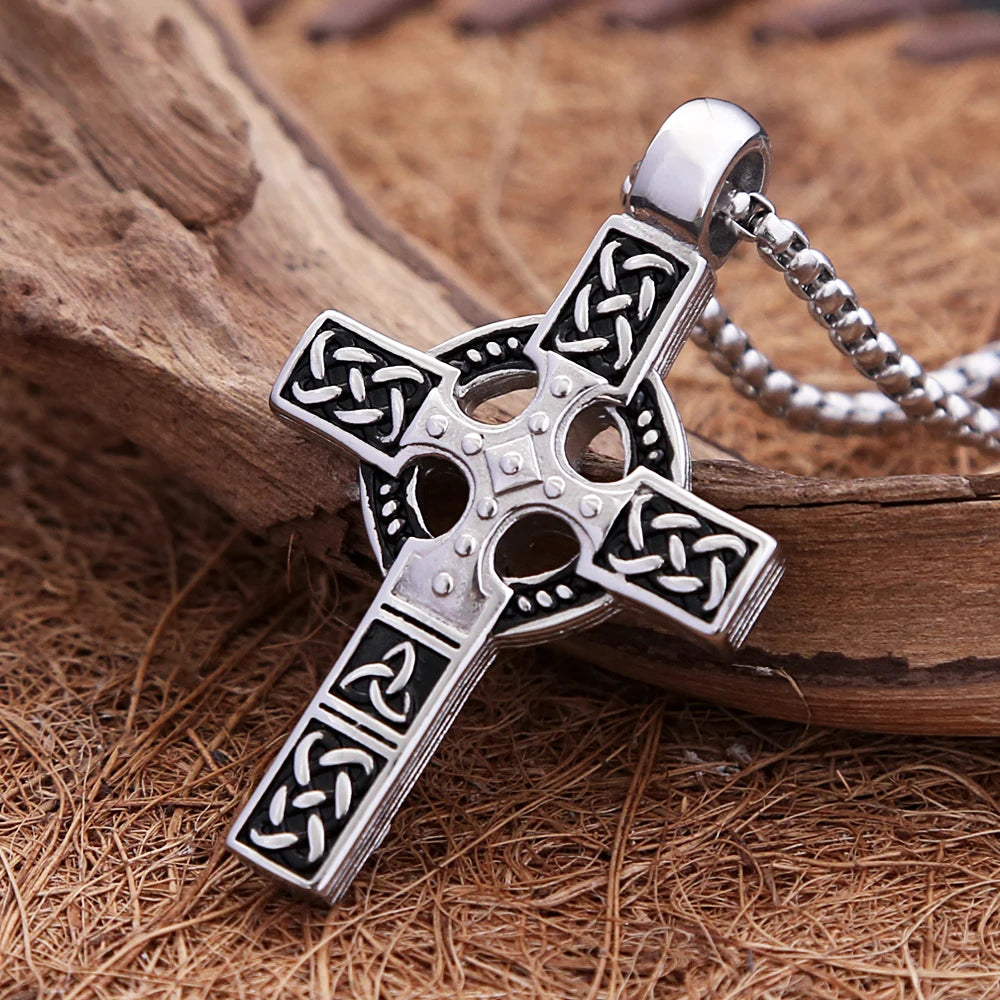 Fashion Vintage Stainless Steel Cross Pendant Necklace For Men Nordic Viking Celtic Knot Necklaces Amulet Jewelry Gift