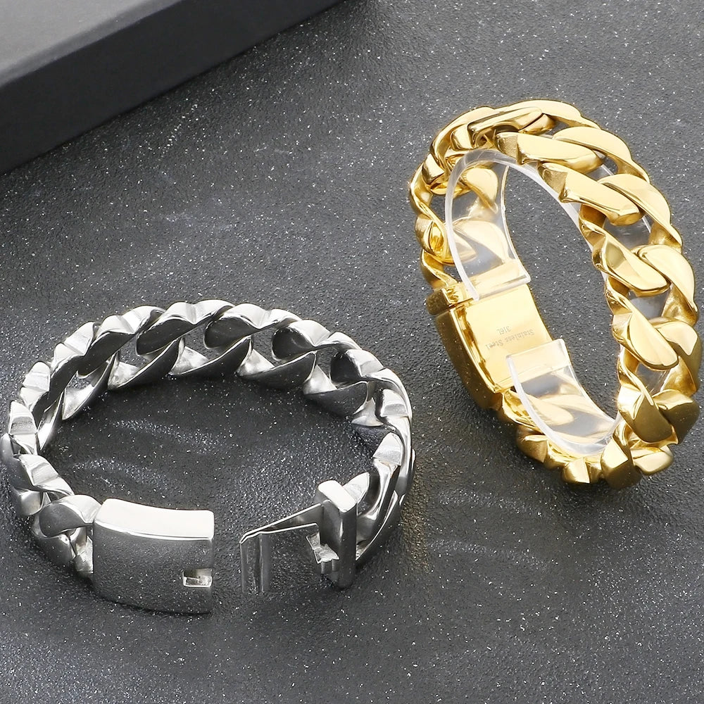Massive Men's Stainless Steel Cuban Chain Bracelet for Man Classic 21MM Width Vacuum Plated Chunky Link Bracelets Never