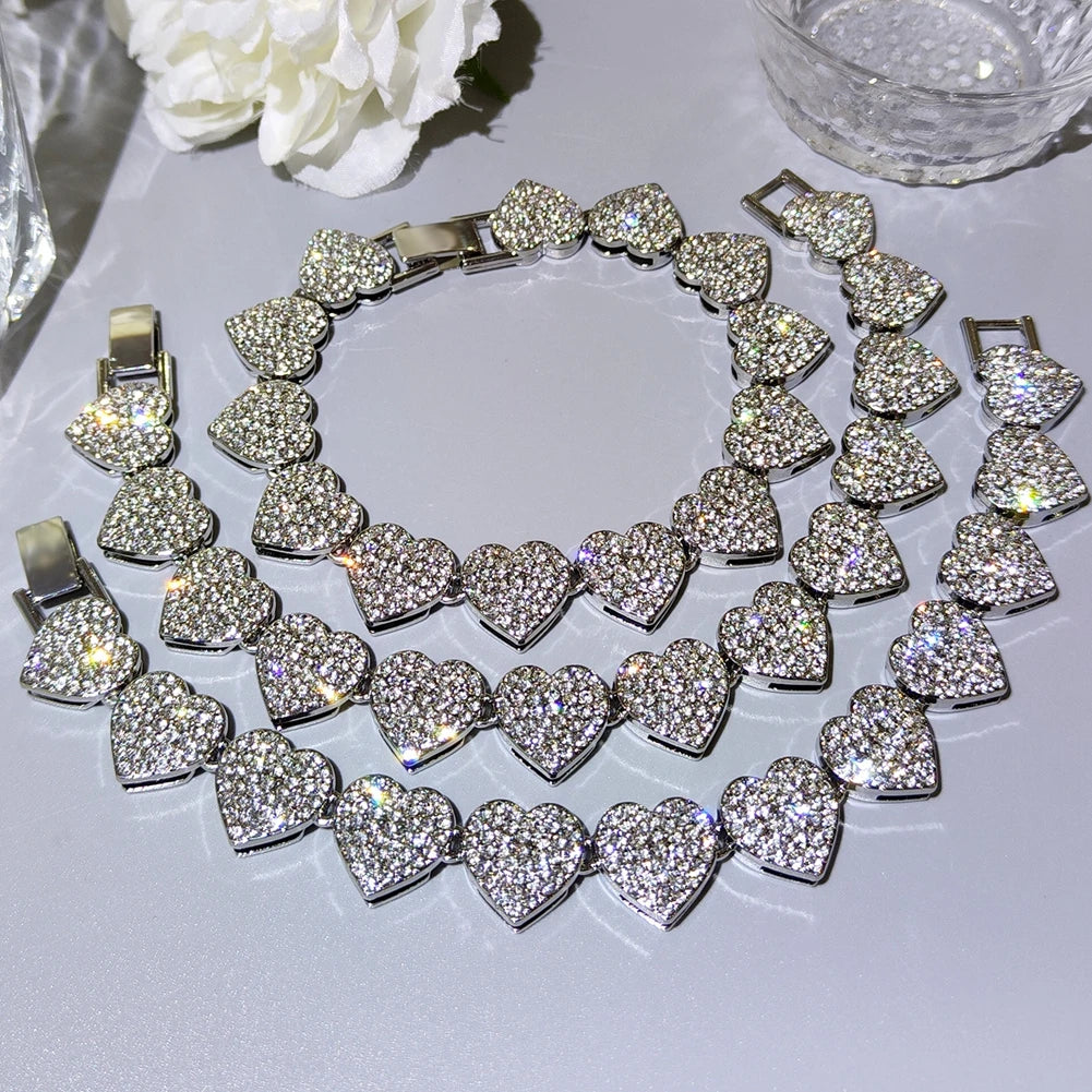 Hip Hop Full Crystal Heart Tennis Chain Bracelets for Men Women Bling Square Rhinestone Cuban Link Chain Bracelet Luxury Jewelry