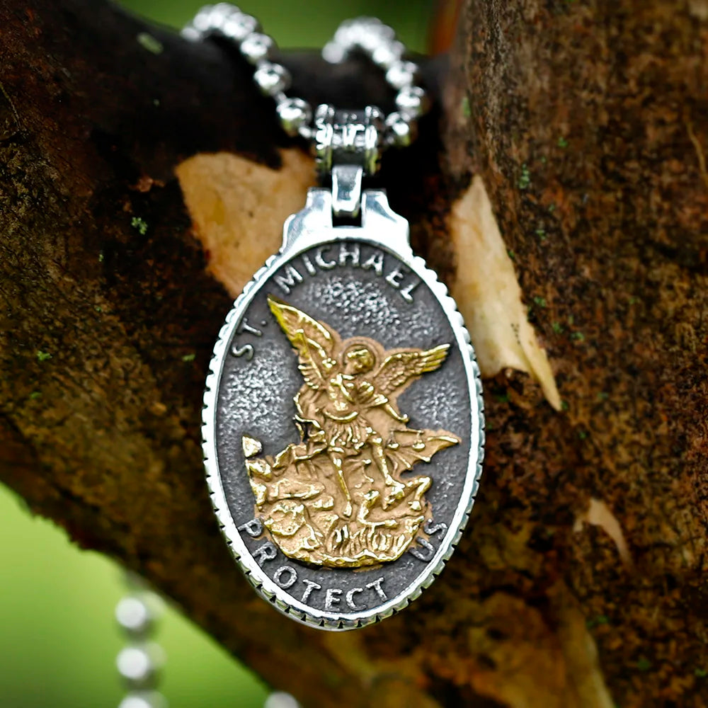 NEW Men's 316L stainless-steel Patron Saint Of Time Travelers Archangel Michael round Pendant Chain Necklace jewelry