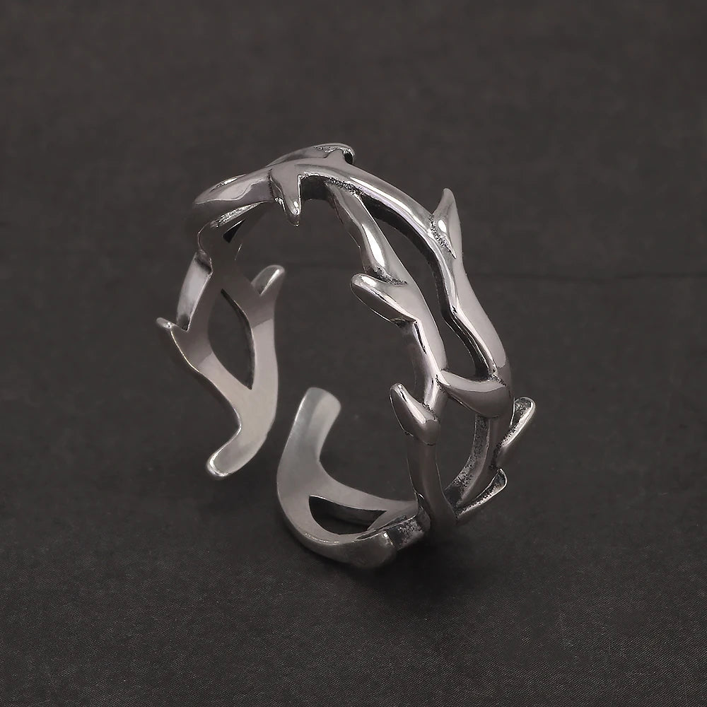 925 Sterling Silver Gothic Thorn Couple Rings for Women Men Punk Retro Cool Spiky Finger Ring Adjustable Hip-hop Y2k
