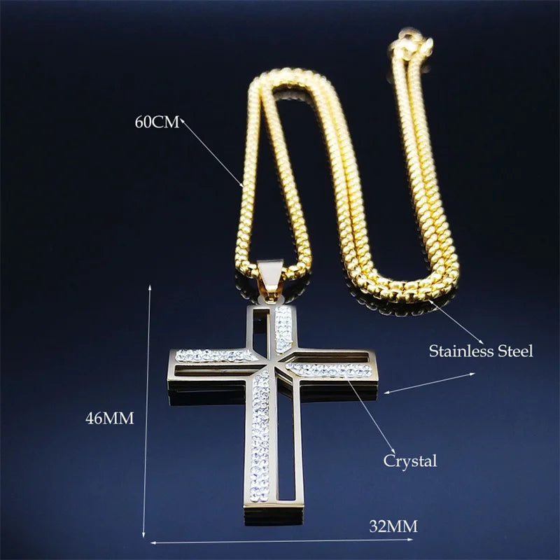 Catholic Open Cross Rhinestone Pendant Necklace — Stainless Steel