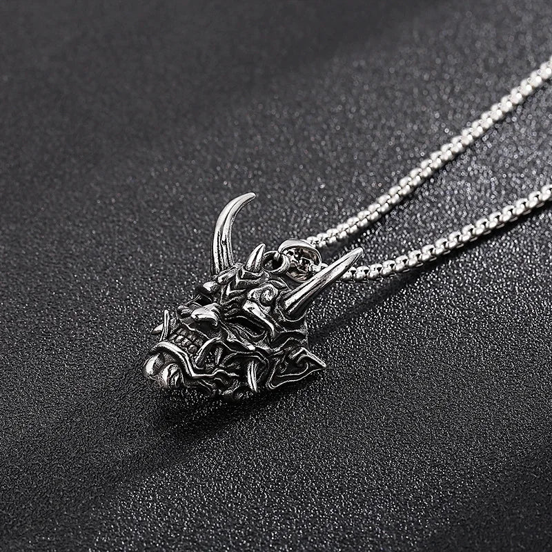 Japanese Hannya Mask Horn Men Necklaces Pendants Stainless Steel Chain Punk for Boyfriend Male Jewelry Creativity Gift Wholesale