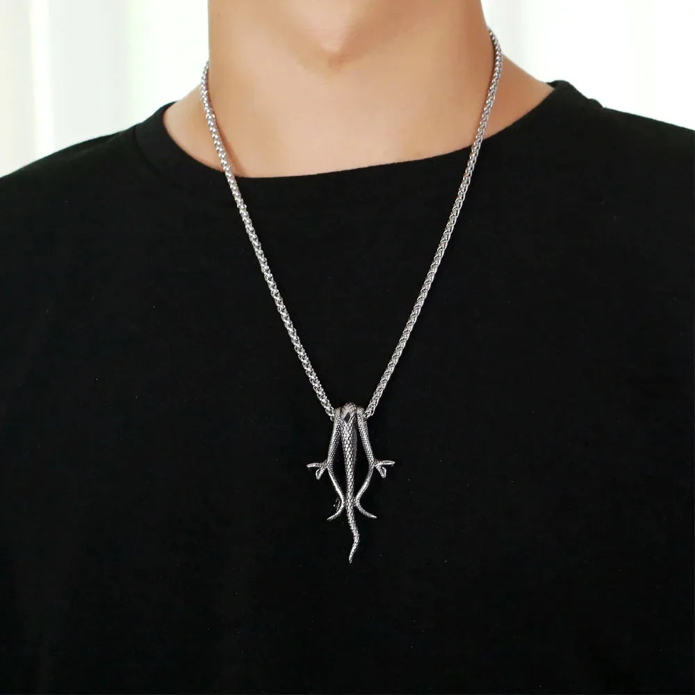 Retro Gothic Three Headed Long Snake Pendant Necklace Stainless Steel Punk Biker Snake Necklace For Men Women Fashion Jewelry