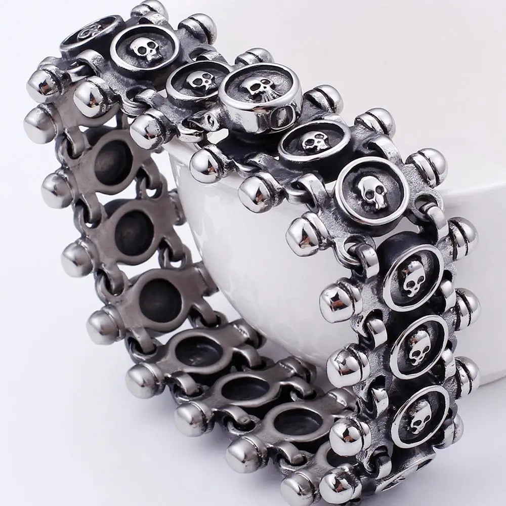 Gothic Men's Skull Heads Link Chain Bracelet for Man Punk Rock Stainless Steel Unique Masculine Skeleton Jewelry Gifts