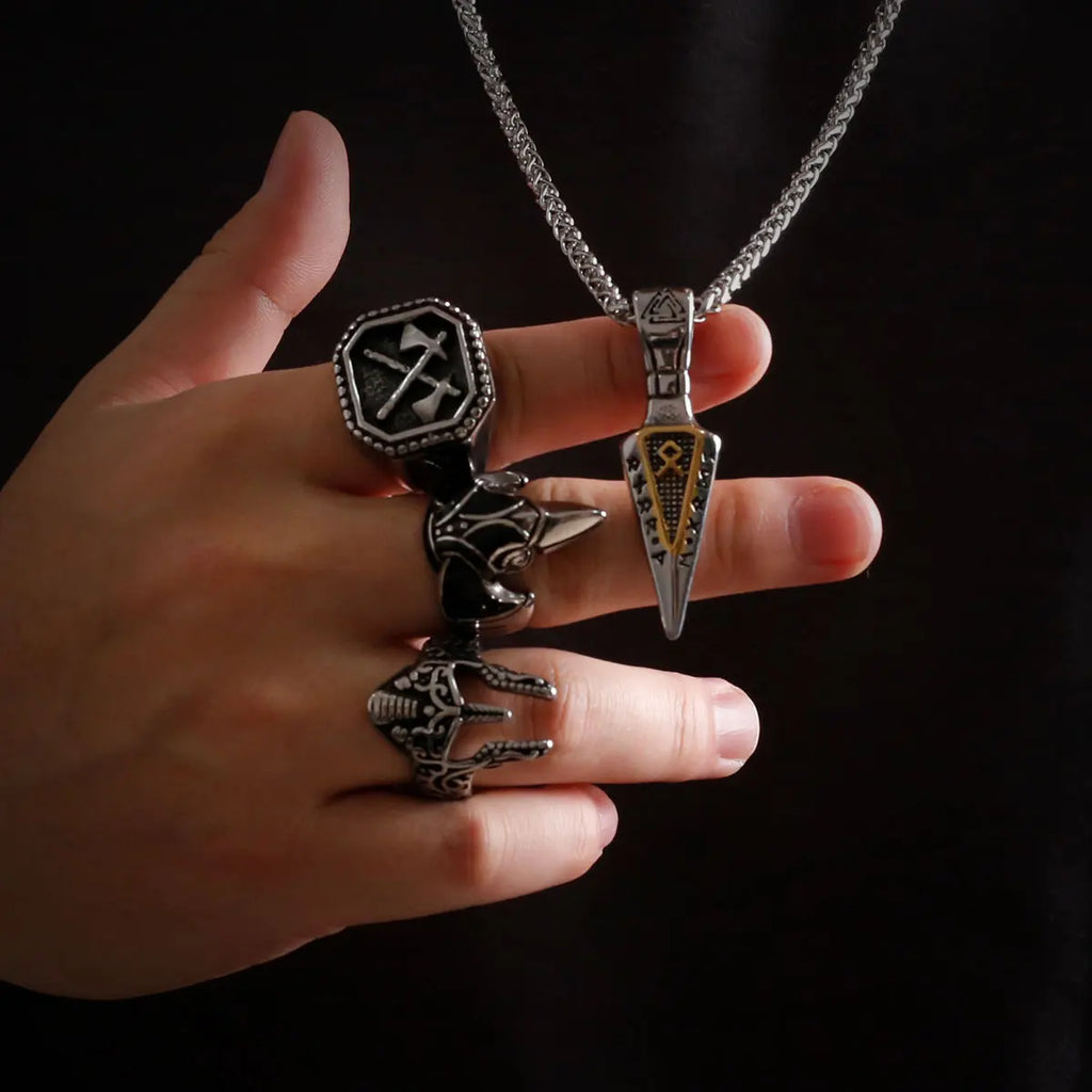 Men Viking Stainless Steel Necklace Double-sided Gold Color Norse Spear Pendant Thor Hammer Vegvisir Amulet