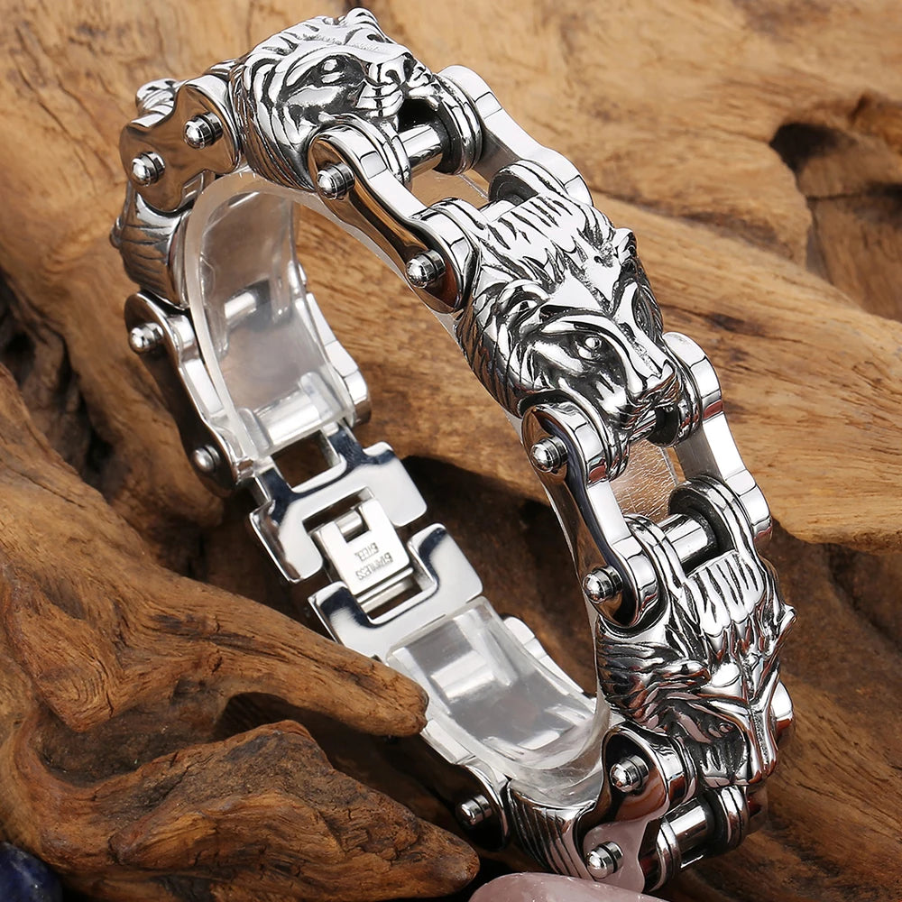 Gothic Skull Lion Head Charm Bracelet for Man 13/18MM Stainless Steel Hand Chain Mens Motorcycle Bike Chain Bracelets