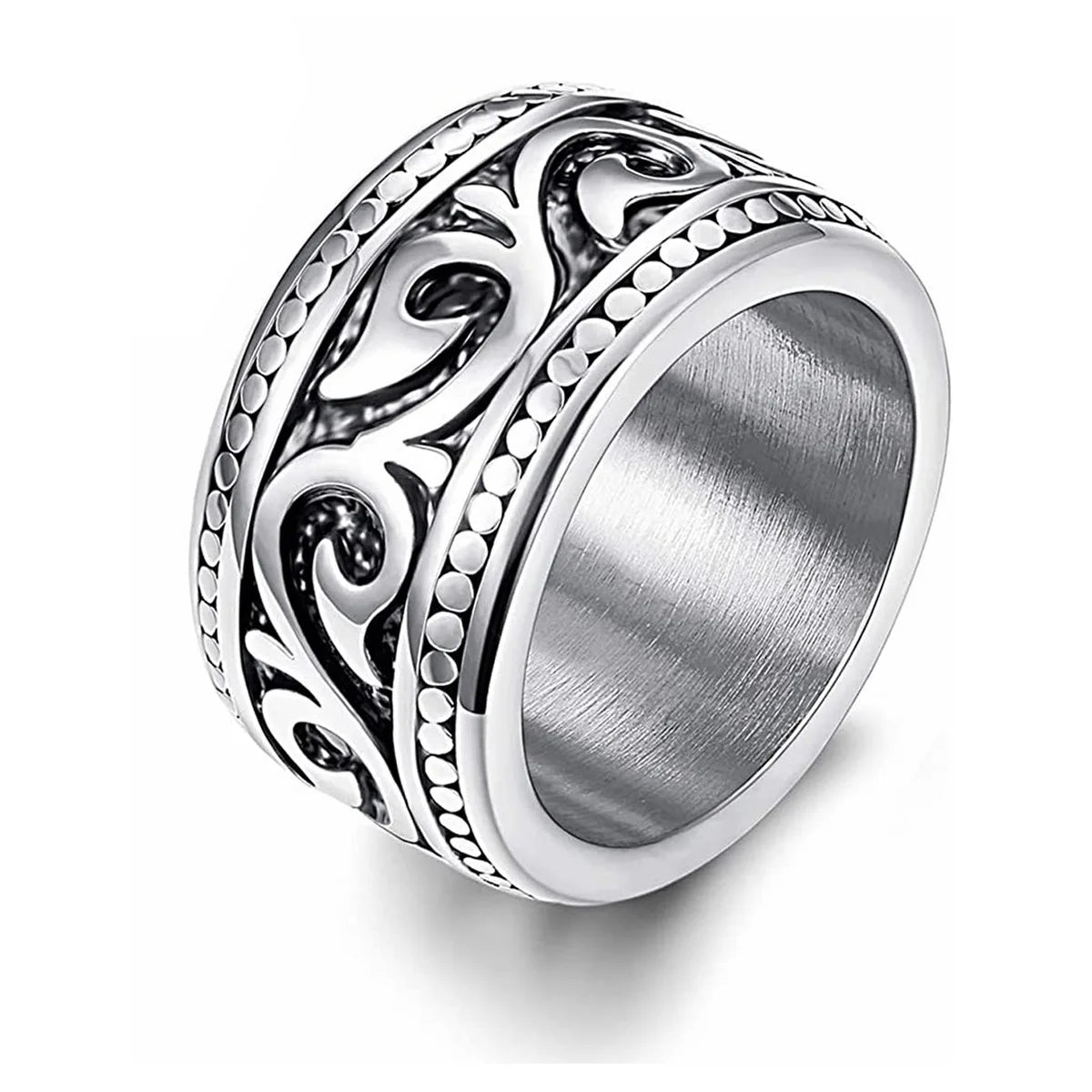 HNSP 316L Stainless Steel Vintage Scroll Vine Carved 13MM Wide Band Ring for Men Biker Punk Antiqued Oxidized Statement