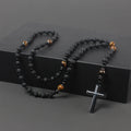 Natural Lava Stone Round Beads Yellow TIger-eye Hematite Cross Pendant Necklace for Men