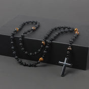 Lava Stone Tiger Eye Cross Pendant Necklace — Beaded