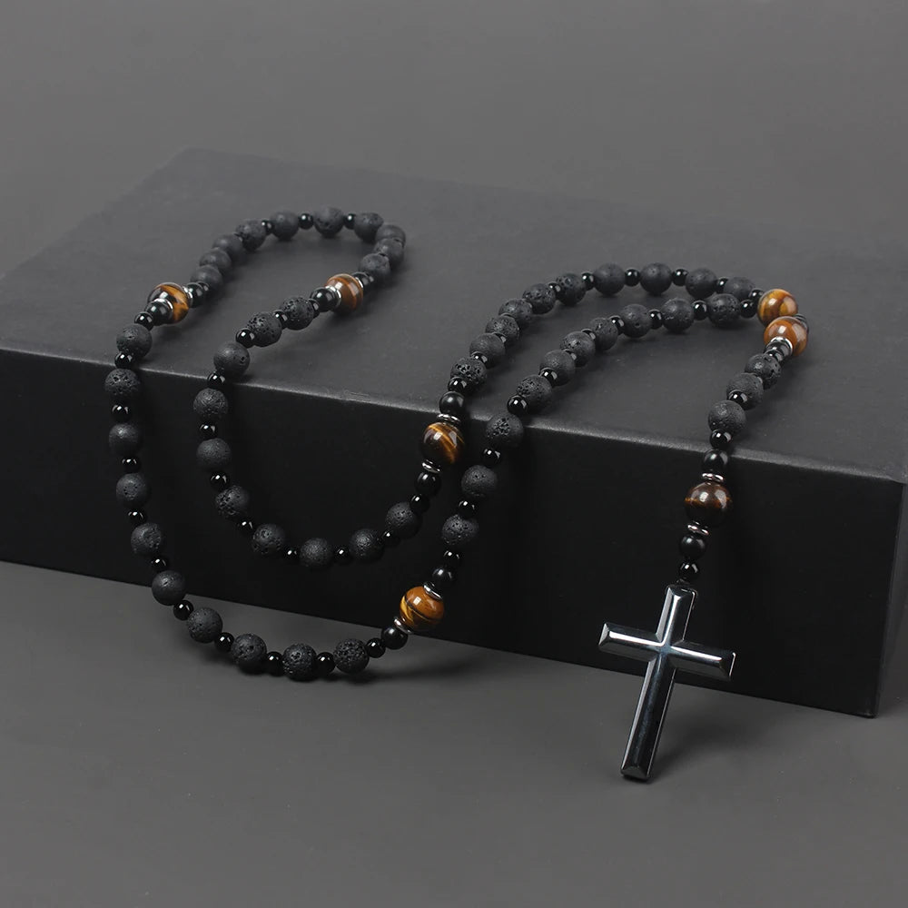 Natural Lava Stone Round Beads Yellow TIger-eye Hematite Cross Pendant Necklace for Men