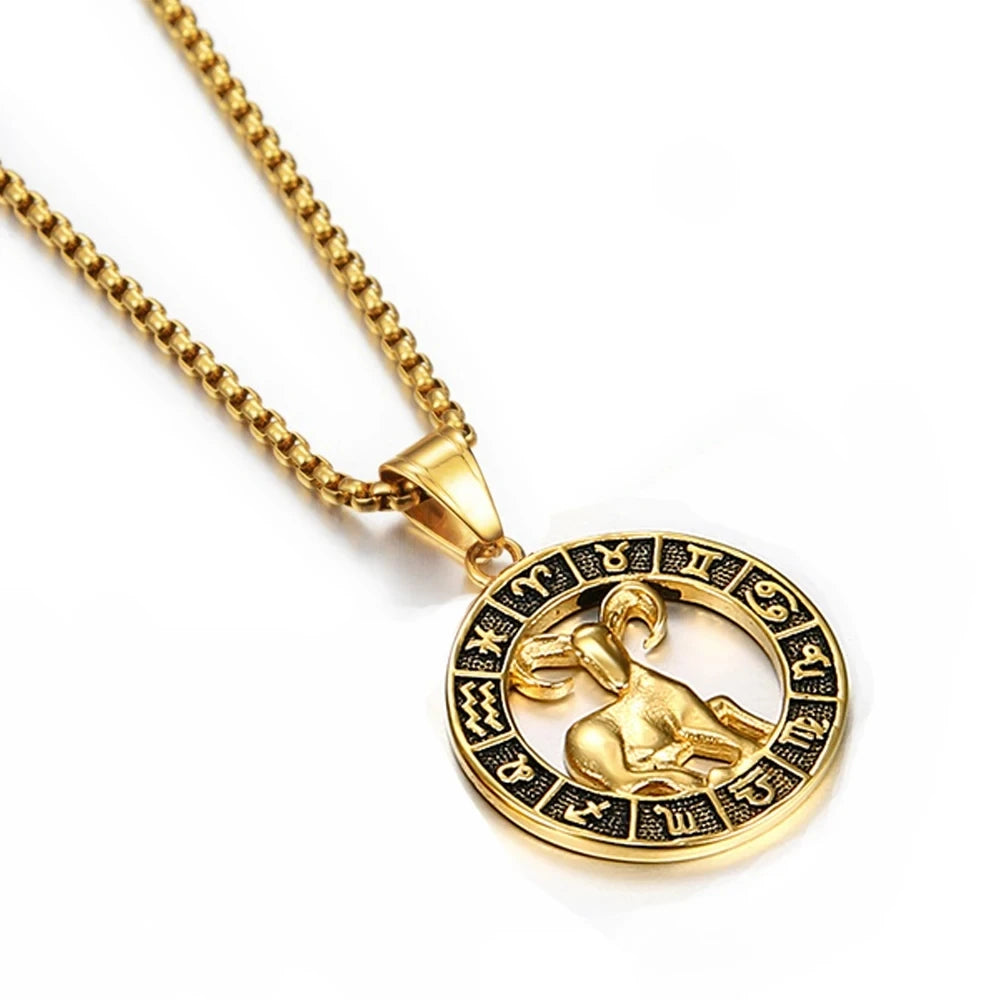 Zodiac Sign Leo Scorpio Pendant Necklace for Women/Men Gold Color Stainless Steel Round 12 Constellation Necklaces