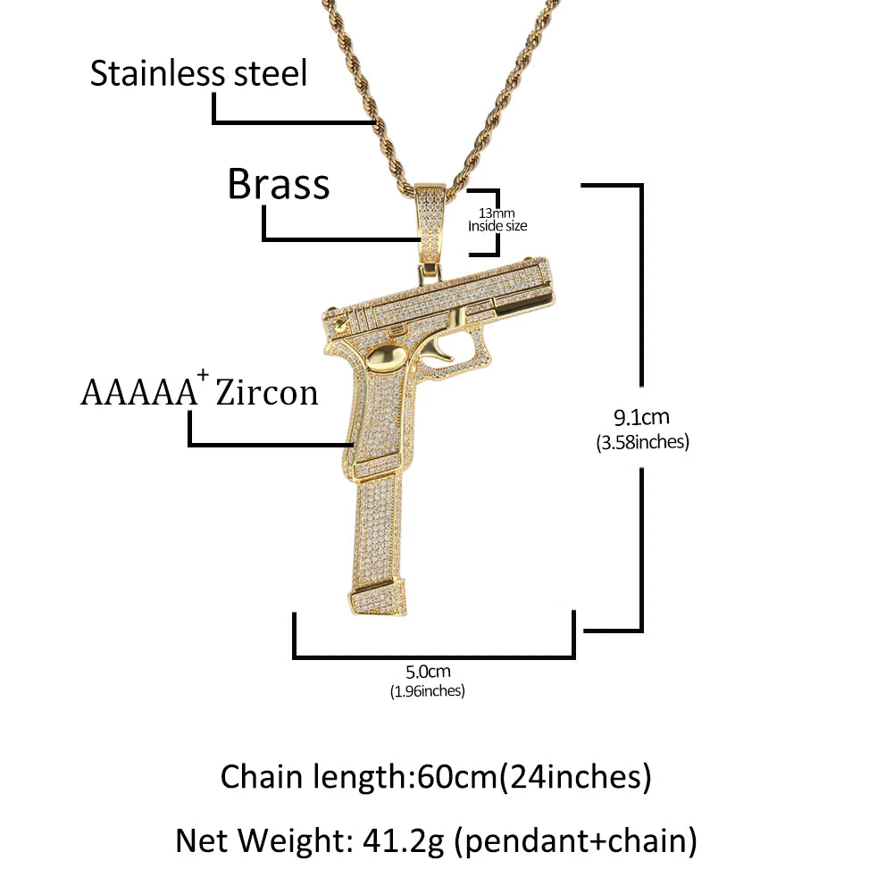 THE BLING KING Iced Out Full Zirconia Large Size Pistol Gun Pendant Necklace Punk Hip Hop Mens Rapper Shiny Party