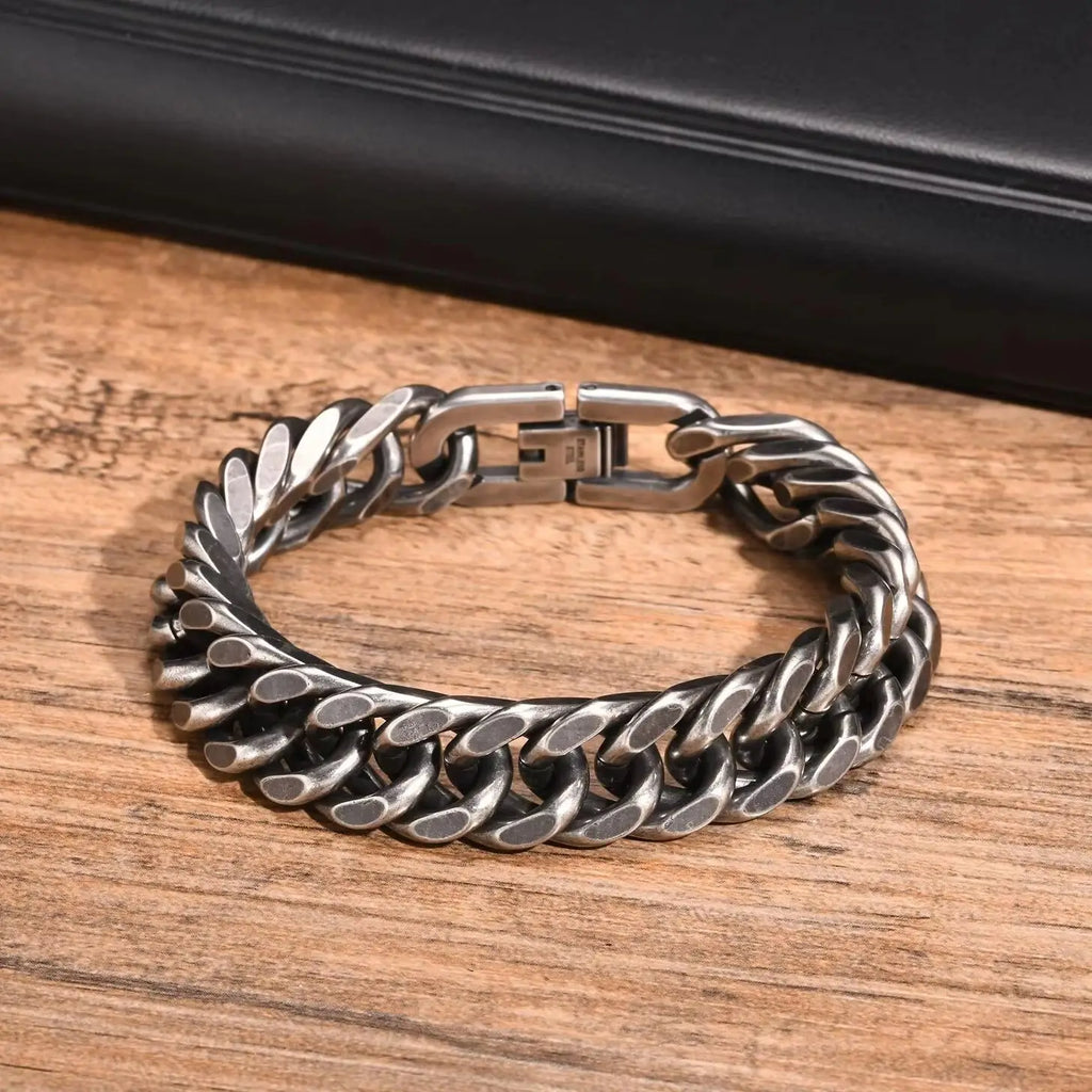 Vintage Men's Chunky Chain Bracelets,8/10/12mm Retro Grey Stainless Steel Cuban Chain Wristband,Rock Punk Classic