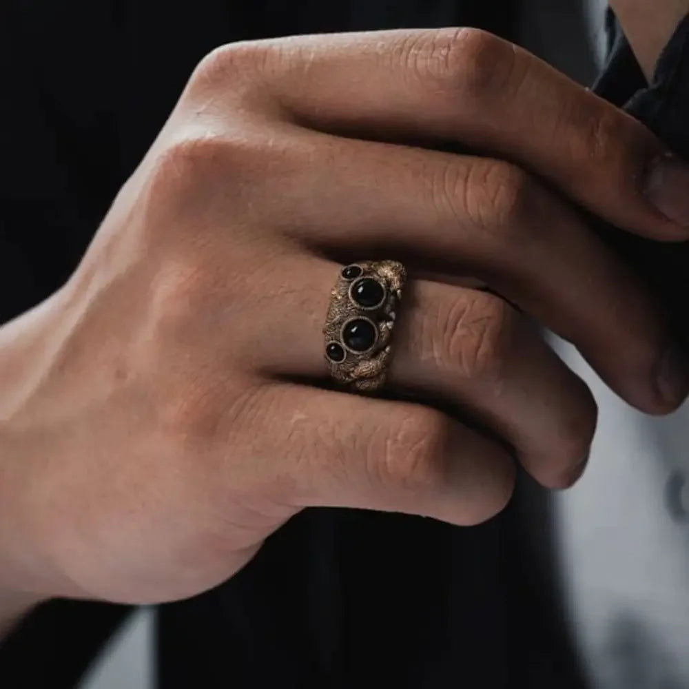 Black Agate Jumping Spider Ring Personalized Electroplated Copper Animal Open Rings Adjustable Opening Fashion