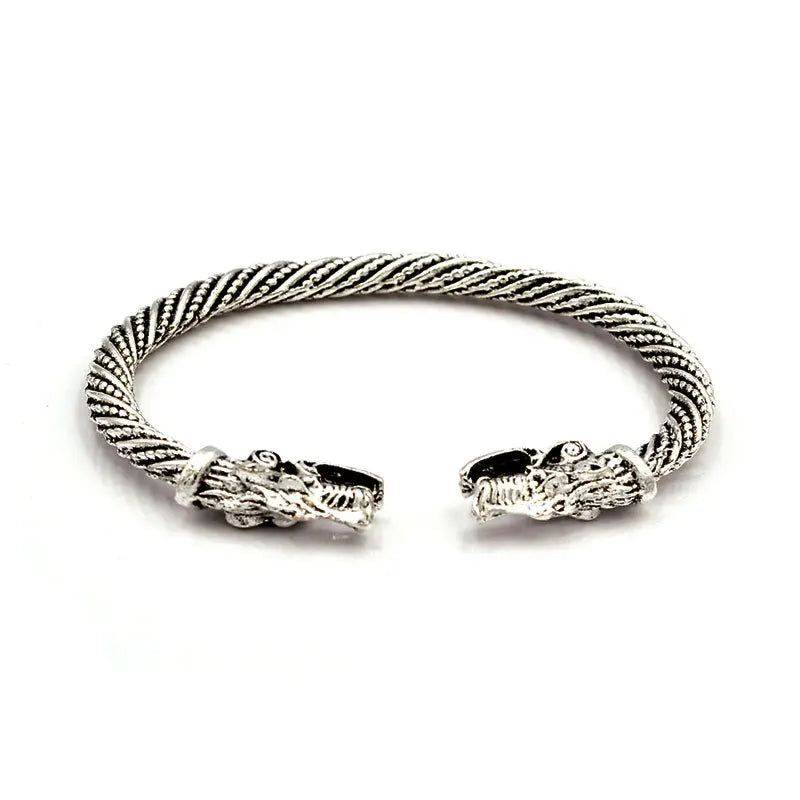 Classic Animal Viking Double Wolf Head Adjustable Bracelet Men Stainless Steel Bracelet Fashion Double Snake Heads